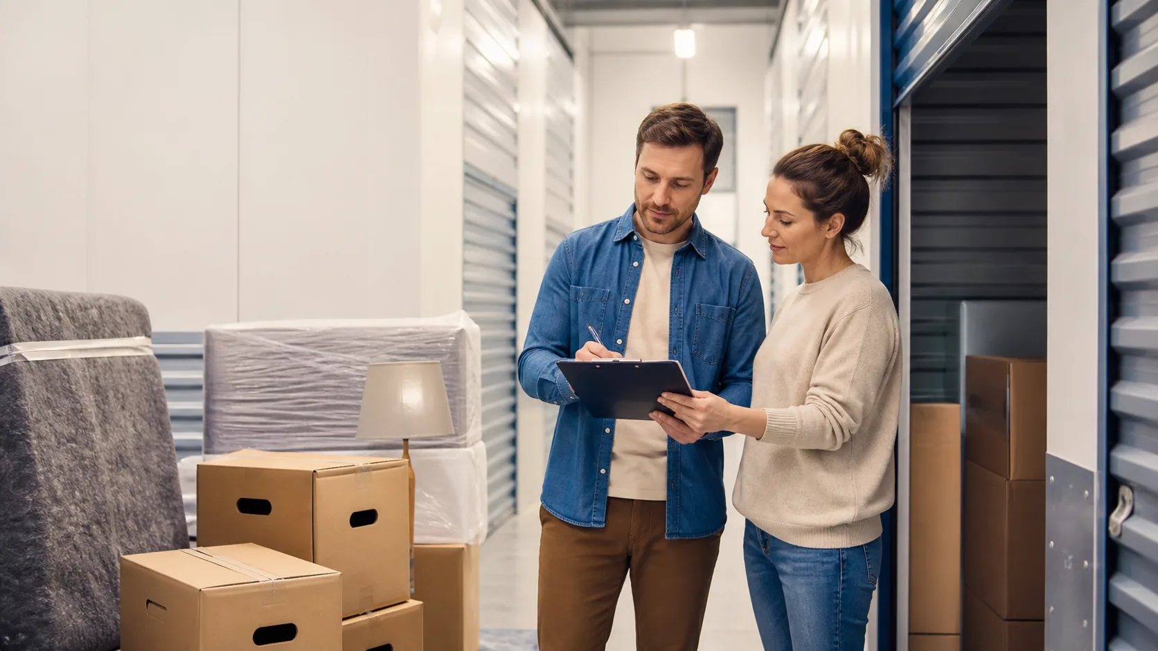 Couple dressant un inventaire au milieu de cartons et de mobilier protégé dans un espace de stockage.