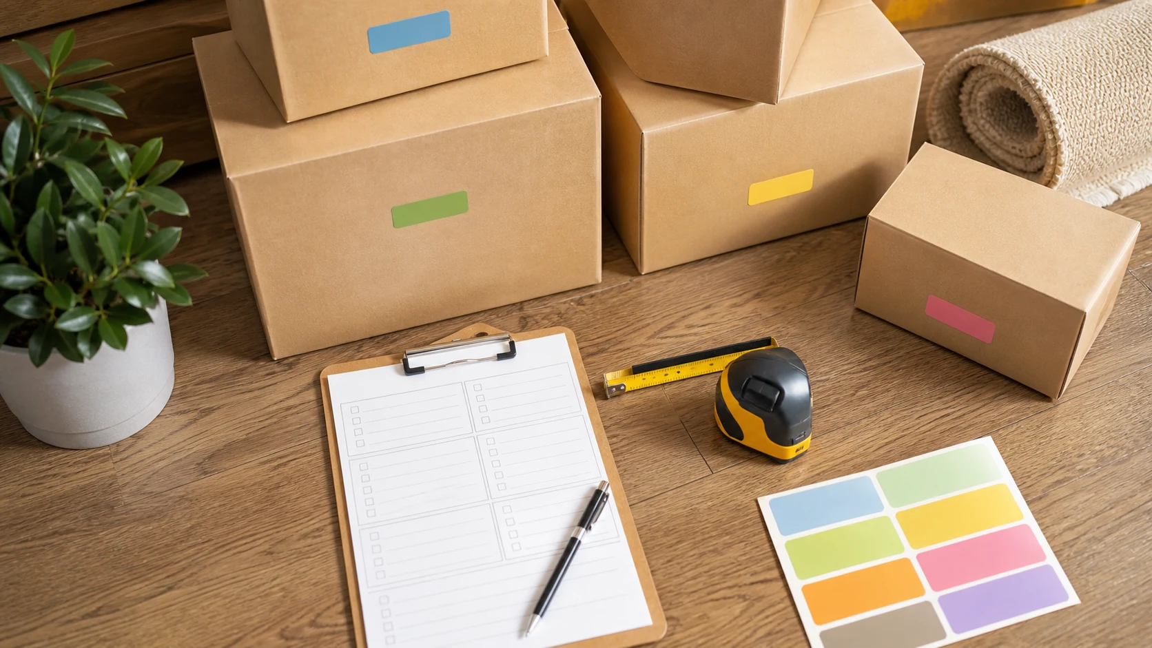Cartons et liste d'inventaire utilisés pour organiser un déménagement.